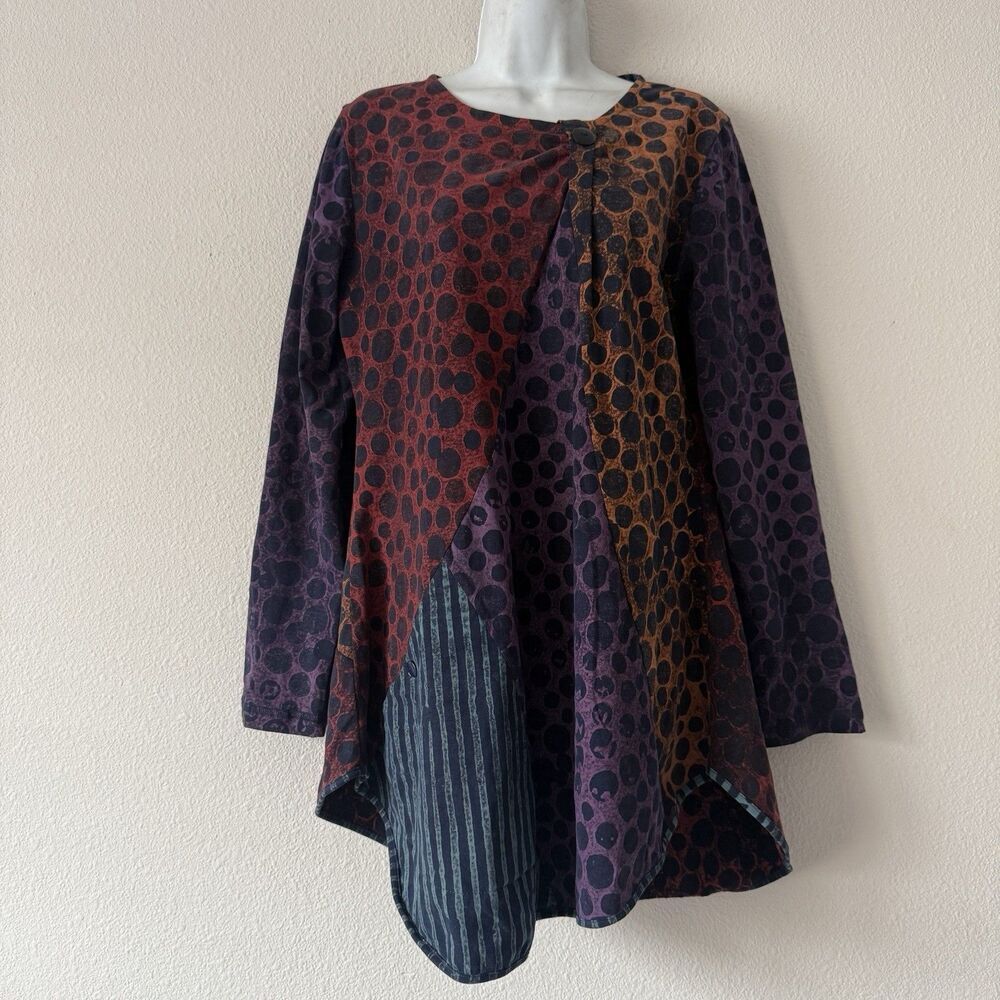 Winter Sun Artsy Tunic Top Size M Multicolor Polka Dot Long Sleeve Color block